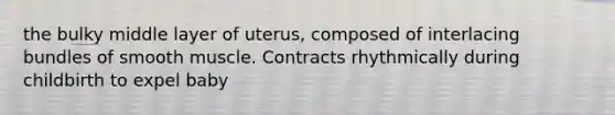 the bulky middle layer of uterus, composed of interlacing bundles of smooth muscle. Contracts rhythmically during childbirth to expel baby