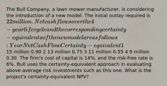 The Bull Company, a lawn mower manufacturer, is considering the introduction of a new model. The initial outlay required is 22 million. Net cash flows over the 4-year life cycle and the corresponding certainty-equivalents of the new model are as follows: Year Net Cash Flow Certainty-equivalent 115 million 0.90 2 13 million 0.75 3 11 million 0.55 4 9 million 0.30 ​ The firm's cost of capital is 14%, and the risk-free rate is 6%. Bull uses the certainty-equivalent approach in evaluating above-average risk investments such as this one. What is the project's certainty-equivalent NPV?