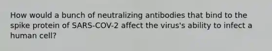 How would a bunch of neutralizing antibodies that bind to the spike protein of SARS-COV-2 affect the virus's ability to infect a human cell?