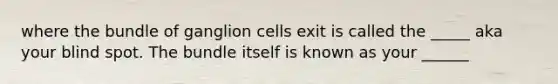 where the bundle of ganglion cells exit is called the _____ aka your blind spot. The bundle itself is known as your ______