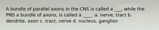 A bundle of parallel axons in the CNS is called a ___, while the PNS a bundle of axons, is called a ____. a. nerve, tract b. dendrite, axon c. tract, nerve d. nucleus, ganglion