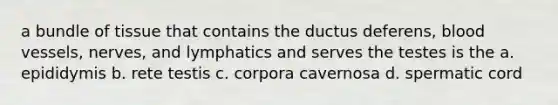 a bundle of tissue that contains the ductus deferens, blood vessels, nerves, and lymphatics and serves the testes is the a. epididymis b. rete testis c. corpora cavernosa d. spermatic cord