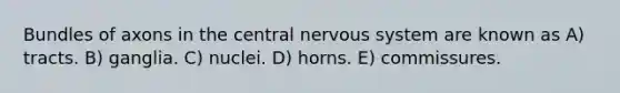 Bundles of axons in the central nervous system are known as A) tracts. B) ganglia. C) nuclei. D) horns. E) commissures.