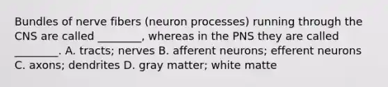 Bundles of nerve fibers (neuron processes) running through the CNS are called ________, whereas in the PNS they are called ________. A. tracts; nerves B. afferent neurons; efferent neurons C. axons; dendrites D. gray matter; white matte