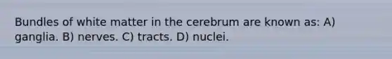 Bundles of white matter in the cerebrum are known as: A) ganglia. B) nerves. C) tracts. D) nuclei.