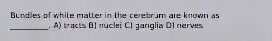 Bundles of white matter in the cerebrum are known as __________. A) tracts B) nuclei C) ganglia D) nerves