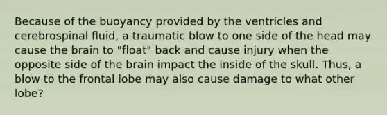 Because of the buoyancy provided by the ventricles and cerebrospinal fluid, a traumatic blow to one side of the head may cause the brain to "float" back and cause injury when the opposite side of the brain impact the inside of the skull. Thus, a blow to the frontal lobe may also cause damage to what other lobe?