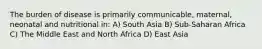 The burden of disease is primarily communicable, maternal, neonatal and nutritional in: A) South Asia B) Sub-Saharan Africa C) The Middle East and North Africa D) East Asia