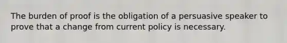 The burden of proof is the obligation of a persuasive speaker to prove that a change from current policy is necessary.