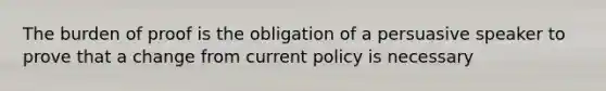 The burden of proof is the obligation of a persuasive speaker to prove that a change from current policy is necessary