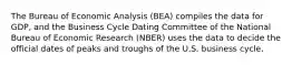 The Bureau of Economic Analysis (BEA) compiles the data for GDP, and the Business Cycle Dating Committee of the National Bureau of Economic Research (NBER) uses the data to decide the official dates of peaks and troughs of the U.S. business cycle.