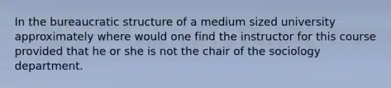 In the bureaucratic structure of a medium sized university approximately where would one find the instructor for this course provided that he or she is not the chair of the sociology department.