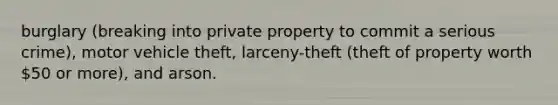 burglary (breaking into private property to commit a serious crime), motor vehicle theft, larceny-theft (theft of property worth 50 or more), and arson.