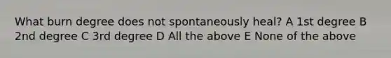 What burn degree does not spontaneously heal? A 1st degree B 2nd degree C 3rd degree D All the above E None of the above