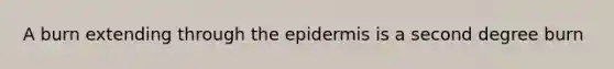 A burn extending through <a href='https://www.questionai.com/knowledge/kBFgQMpq6s-the-epidermis' class='anchor-knowledge'>the epidermis</a> is a second degree burn