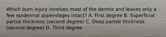 Which burn injury involves most of the dermis and leaves only a few epidermal appendages intact? A. First degree B. Superficial partial thickness (second degree) C. Deep partial thickness (second degree) D. Third degree