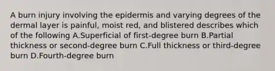 A burn injury involving the epidermis and varying degrees of the dermal layer is painful, moist red, and blistered describes which of the following A.Superficial of first-degree burn B.Partial thickness or second-degree burn C.Full thickness or third-degree burn D.Fourth-degree burn