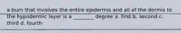 a burn that involves the entire epidermis and all of the dermis to the hypodermic layer is a ________ degree a. first b. second c. third d. fourth