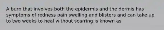 A burn that involves both the epidermis and the dermis has symptoms of redness pain swelling and blisters and can take up to two weeks to heal without scarring is known as