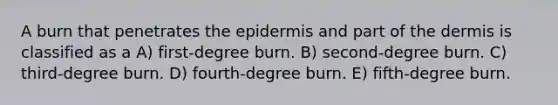 A burn that penetrates <a href='https://www.questionai.com/knowledge/kBFgQMpq6s-the-epidermis' class='anchor-knowledge'>the epidermis</a> and part of <a href='https://www.questionai.com/knowledge/kEsXbG6AwS-the-dermis' class='anchor-knowledge'>the dermis</a> is classified as a A) first-degree burn. B) second-degree burn. C) third-degree burn. D) fourth-degree burn. E) fifth-degree burn.