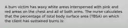 A burn victim has waxy white areas interspersed with pink and red areas on the chest and all of both arms. The nurse calculates that the percentage of total body surface area (TBSA) on which the client has sustained burns is: