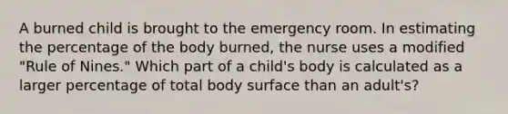 A burned child is brought to the emergency room. In estimating the percentage of the body burned, the nurse uses a modified "Rule of Nines." Which part of a child's body is calculated as a larger percentage of total body surface than an adult's?