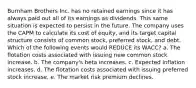 Burnham Brothers Inc. has no retained earnings since it has always paid out all of its earnings as dividends. This same situation is expected to persist in the future. The company uses the CAPM to calculate its cost of equity, and its target capital structure consists of common stock, preferred stock, and debt. Which of the following events would REDUCE its WACC? a. The flotation costs associated with issuing new common stock increase. b. The company's beta increases. c. Expected inflation increases. d. The flotation costs associated with issuing preferred stock increase. e. The market risk premium declines.