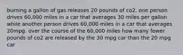 burning a gallon of gas releases 20 pounds of co2. one person drives 60,000 miles in a car that averages 30 miles per gallon while another person drives 60,000 miles in a car that averages 20mpg. over the course of the 60,000 miles how many fewer pounds of co2 are released by the 30 mpg car than the 20 mpg car