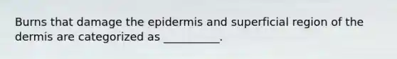 Burns that damage <a href='https://www.questionai.com/knowledge/kBFgQMpq6s-the-epidermis' class='anchor-knowledge'>the epidermis</a> and superficial region of <a href='https://www.questionai.com/knowledge/kEsXbG6AwS-the-dermis' class='anchor-knowledge'>the dermis</a> are categorized as __________.