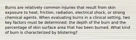 Burns are relatively common injuries that result from skin exposure to heat, friction, radiation, electrical shock, or strong chemical agents. When evaluating burns in a clinical setting, two key factors must be determined: the depth of the burn and the percentage of skin surface area that has been burned. What kind of burn is characterized by blistering?