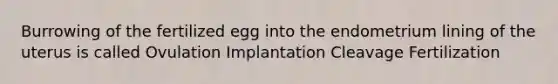 Burrowing of the fertilized egg into the endometrium lining of the uterus is called Ovulation Implantation Cleavage Fertilization