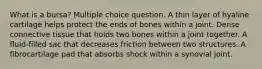 What is a bursa? Multiple choice question. A thin layer of hyaline cartilage helps protect the ends of bones within a joint. Dense connective tissue that holds two bones within a joint together. A fluid-filled sac that decreases friction between two structures. A fibrocartilage pad that absorbs shock within a synovial joint.