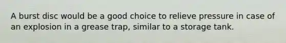 A burst disc would be a good choice to relieve pressure in case of an explosion in a grease trap, similar to a storage tank.