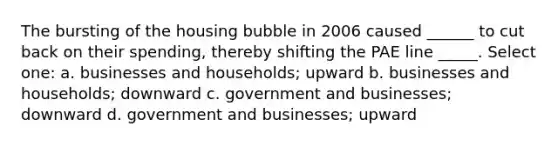 The bursting of the housing bubble in 2006 caused ______ to cut back on their spending, thereby shifting the PAE line _____. Select one: a. businesses and households; upward b. businesses and households; downward c. government and businesses; downward d. government and businesses; upward