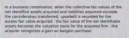 In a business combination, when the collective fair values of the net identified assets acquired and liabilities assumed exceeds the consideration transferred, -goodwill is recorded for the excess fair value acquired. -the fair value of the net identifiable assets becomes the valuation basis for the acquired firm. -the acquirer recognizes a gain on bargain purchase.