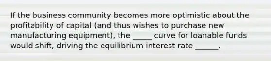 If the business community becomes more optimistic about the profitability of capital (and thus wishes to purchase new manufacturing equipment), the _____ curve for loanable funds would shift, driving the equilibrium interest rate ______.