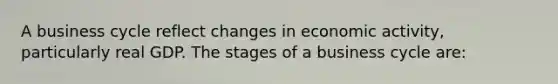 A business cycle reflect changes in economic activity, particularly real GDP. The stages of a business cycle are: