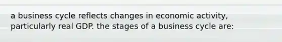 a business cycle reflects changes in economic activity, particularly real GDP. the stages of a business cycle are: