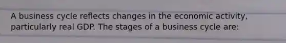 A business cycle reflects changes in the economic activity, particularly real GDP. The stages of a business cycle are: