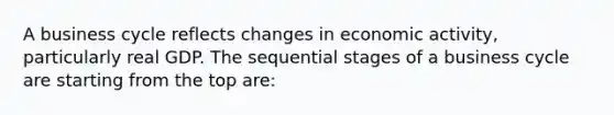 A business cycle reflects changes in economic activity, particularly real GDP. The sequential stages of a business cycle are starting from the top are: