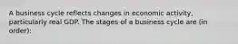 A business cycle reflects changes in economic activity, particularly real GDP. The stages of a business cycle are (in order):