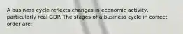 A business cycle reflects changes in economic activity, particularly real GDP. The stages of a business cycle in correct order are: