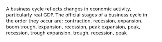 A business cycle reflects changes in economic activity, particularly real GDP. The official stages of a business cycle in the order they occur are: contraction, recession, expansion, boom trough, expansion, recession, peak expansion, peak, recession, trough expansion, trough, recession, peak