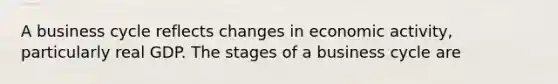 A business cycle reflects changes in economic activity, particularly real GDP. The stages of a business cycle are