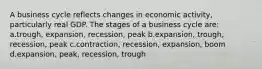 A business cycle reflects changes in economic activity, particularly real GDP. The stages of a business cycle are: a.trough, expansion, recession, peak b.expansion, trough, recession, peak c.contraction, recession, expansion, boom d.expansion, peak, recession, trough