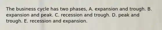 The business cycle has two​ phases, A. expansion and trough. B. expansion and peak. C. recession and trough. D. peak and trough. E. recession and expansion.