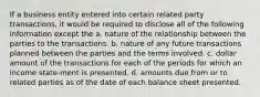 If a business entity entered into certain related party transactions, it would be required to disclose all of the following information except the a. nature of the relationship between the parties to the transactions. b. nature of any future transactions planned between the parties and the terms involved. c. dollar amount of the transactions for each of the periods for which an income state-ment is presented. d. amounts due from or to related parties as of the date of each balance sheet presented.