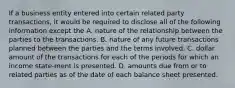 If a business entity entered into certain related party transactions, it would be required to disclose all of the following information except the A. nature of the relationship between the parties to the transactions. B. nature of any future transactions planned between the parties and the terms involved. C. dollar amount of the transactions for each of the periods for which an income state-ment is presented. D. amounts due from or to related parties as of the date of each balance sheet presented.