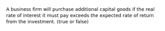 A business firm will purchase additional capital goods if the real rate of interest it must pay exceeds the expected rate of return from the investment. (true or false)