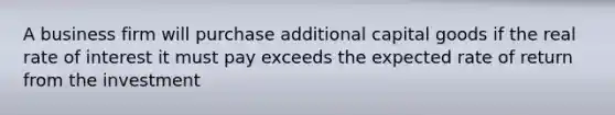 A business firm will purchase additional capital goods if the real rate of interest it must pay exceeds the expected rate of return from the investment